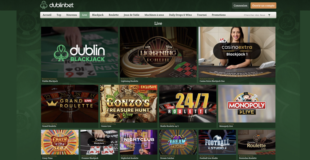 Lobby de Dublinbet, casino en live avec 90 tables de blackjack en ligne